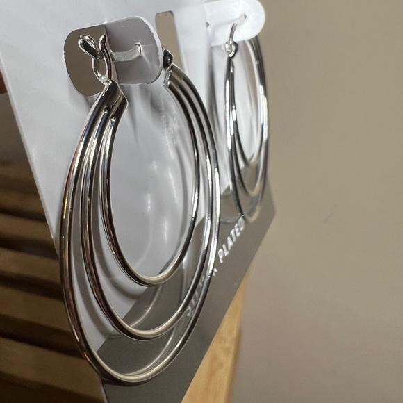 Essentials Silver Plated Triple Graduated Hoop Pierced Earrings 1 1/2” - Picture 6 of 8
